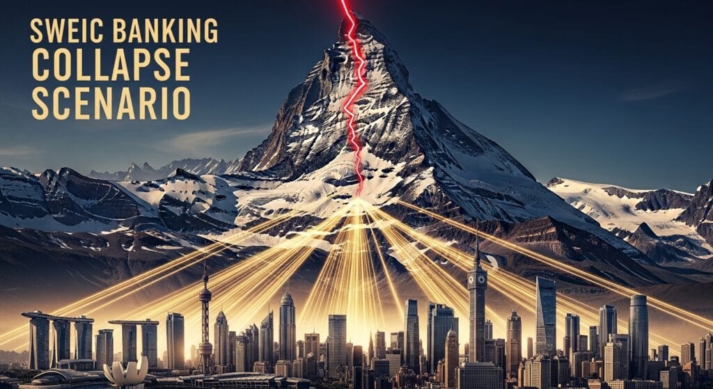Illustration of Swiss Alps cracking with global wealth flows rerouting to Singapore, Dubai, London, NY in banking collapse scenario