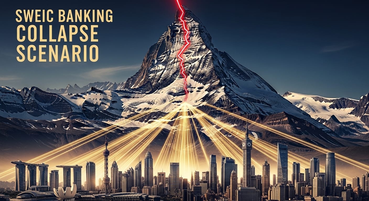 Illustration of Swiss Alps cracking with global wealth flows rerouting to Singapore, Dubai, London, NY in banking collapse scenario