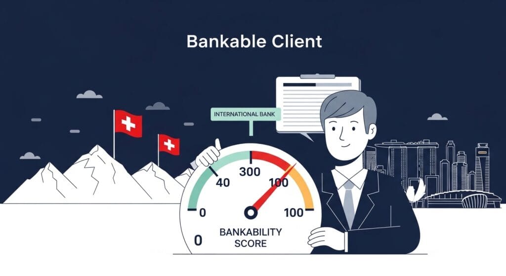 Illustration of a 0–100 gauge showing the bankability score for Swiss and Singapore banks with Swiss and Singapore skyline elements.