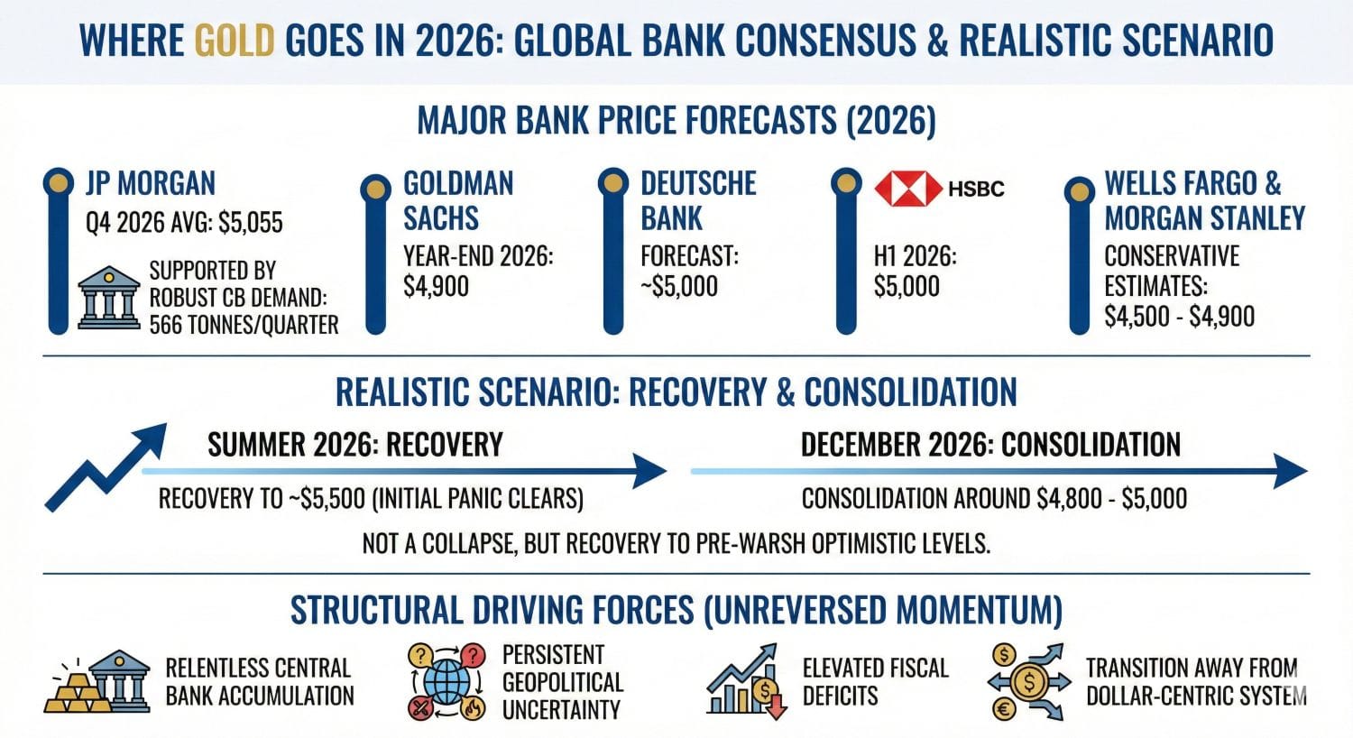 Infographic titled "WHERE GOLD GOES IN 2026" detailing the gold price forecast 2026 by global institutions. The visual charts specific predictions: JP Morgan ($5,055 avg), Goldman Sachs ($4,900), Deutsche Bank (~$5,000), HSBC ($5,000), and Wells Fargo/Morgan Stanley ($4,500-$4,900). A timeline illustrates a recovery scenario hitting $5,500 by Summer 2026 before consolidating. The bottom section lists structural drivers like central bank accumulation, geopolitical uncertainty, and fiscal deficits.