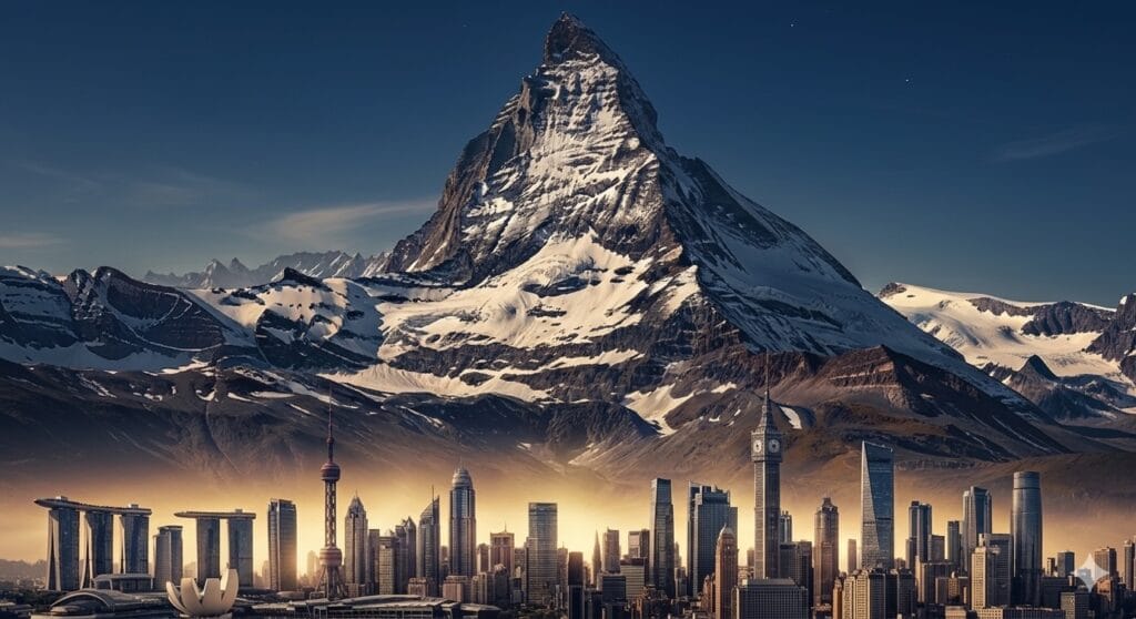 Illustration of Swiss Alps cracking with global wealth flows rerouting to Singapore, Dubai, London, NY in banking collapse scenario