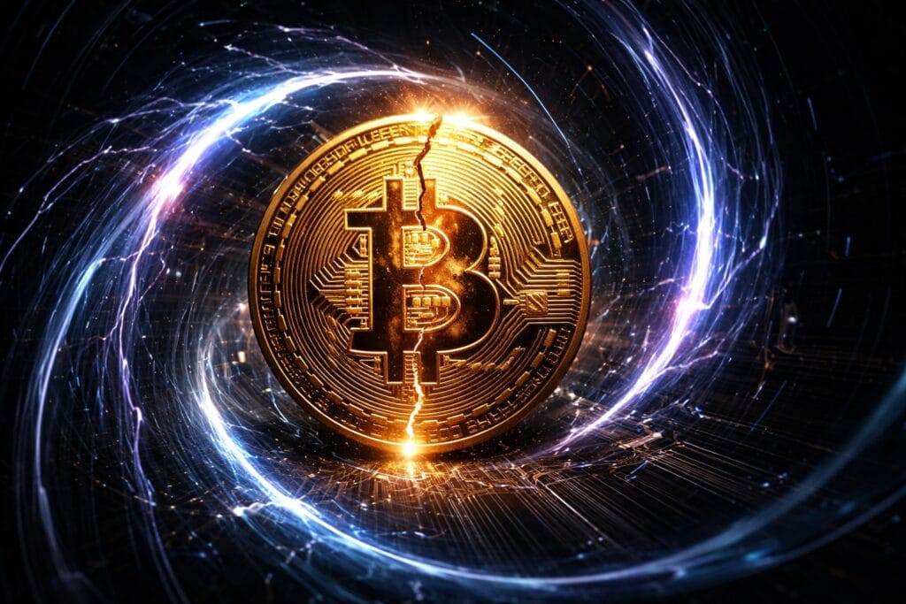 A cracked golden Bitcoin coin surrounded by quantum computing circuit patterns and data streams, representing the long-term cryptographic threat from quantum computers.