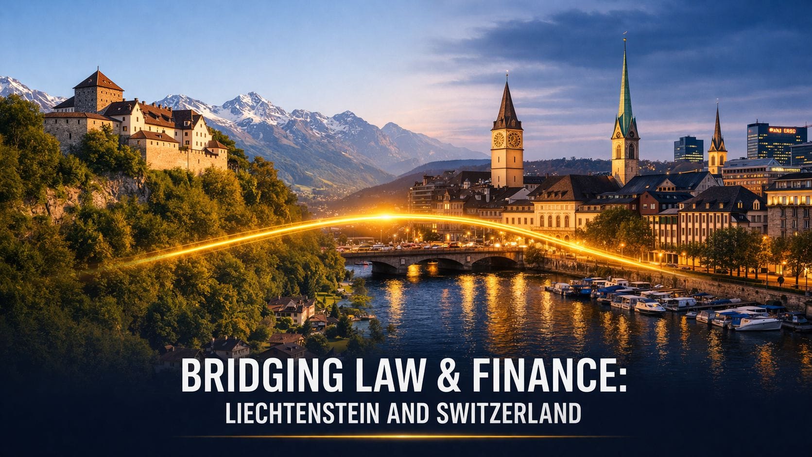 Split image showing Vaduz castle in Liechtenstein on the left and Zurich financial district on the right, representing the Liechtenstein foundation and Swiss bank account wealth structure