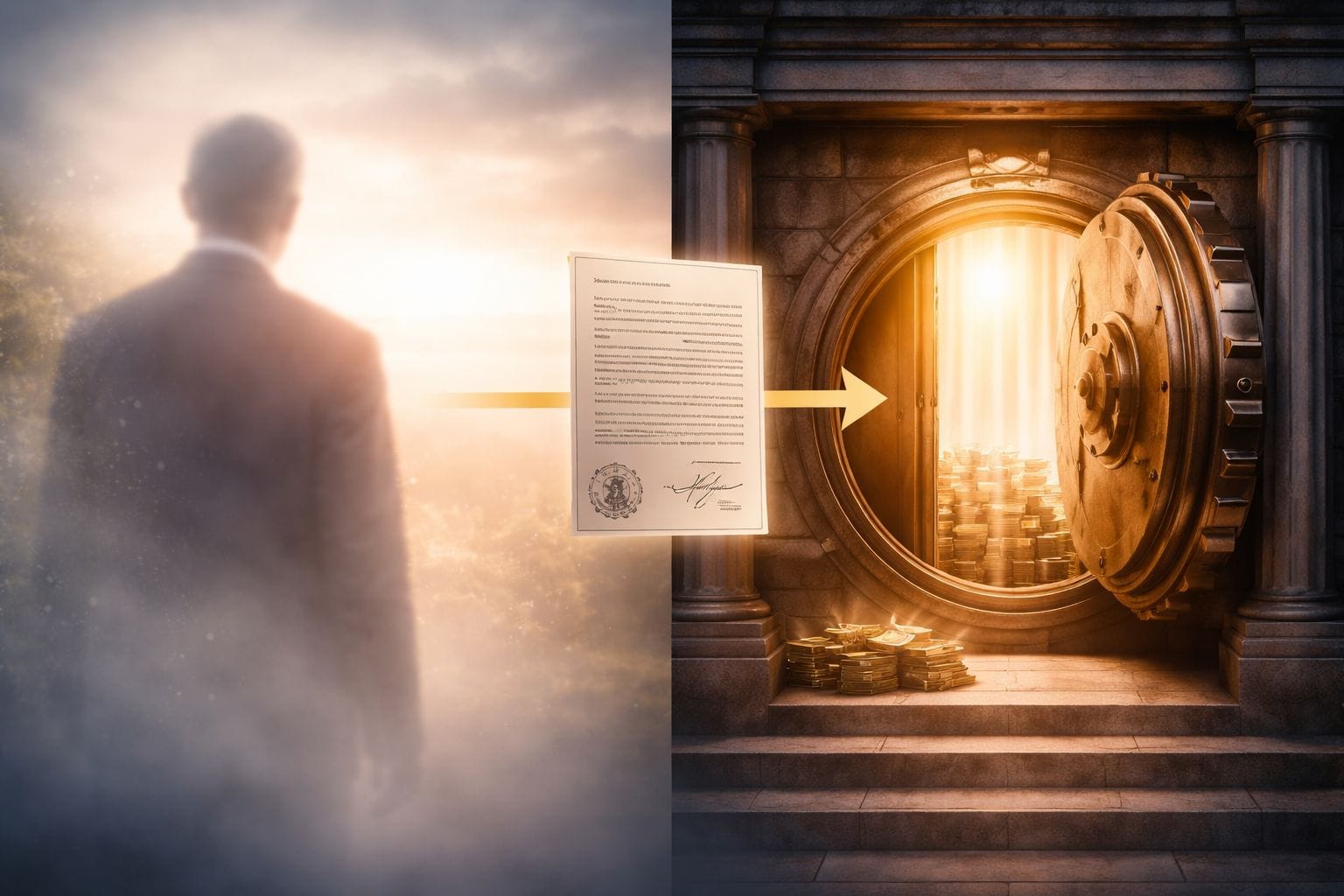 Split image showing a fading personal silhouette on the left and a solid glowing foundation building on the right, representing how offshore trusts transfer asset ownership beyond the founder's death to bypass probate