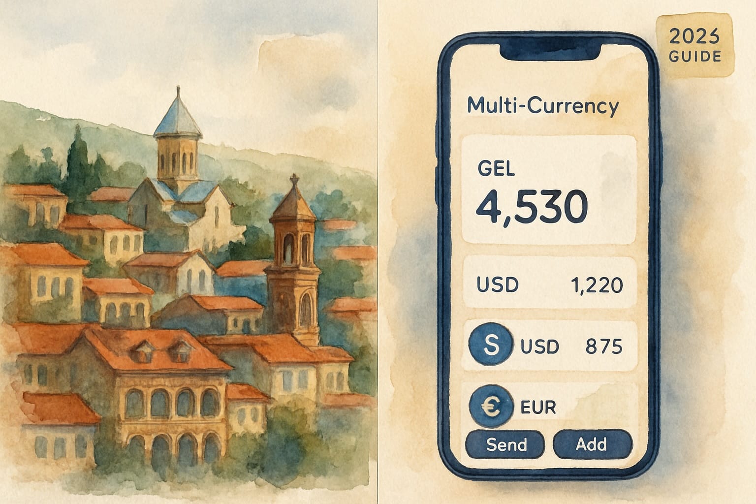 How to open a bank account in Georgia as a non-resident — Tbilisi skyline and mobile banking app