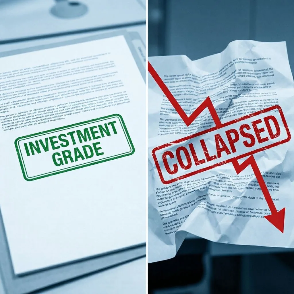 Investment grade credit rating stamp next to collapsed bank
indicator showing how credit ratings fail to predict bank safety