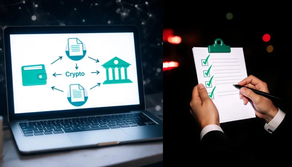 Crypto income documentation bank application workflow showing crypto wallets, exchanges, and a traditional bank review checklist