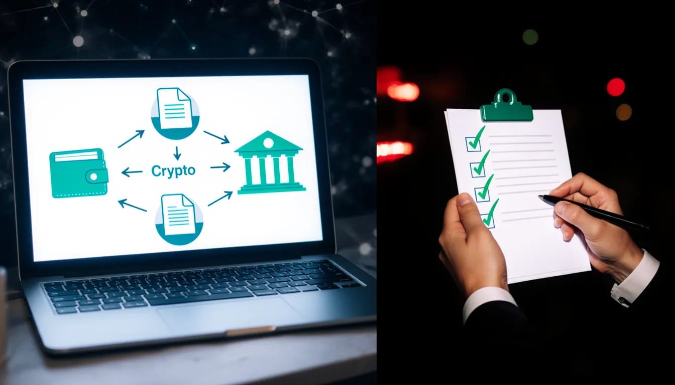 Crypto income documentation bank application workflow showing crypto wallets, exchanges, and a traditional bank review checklist