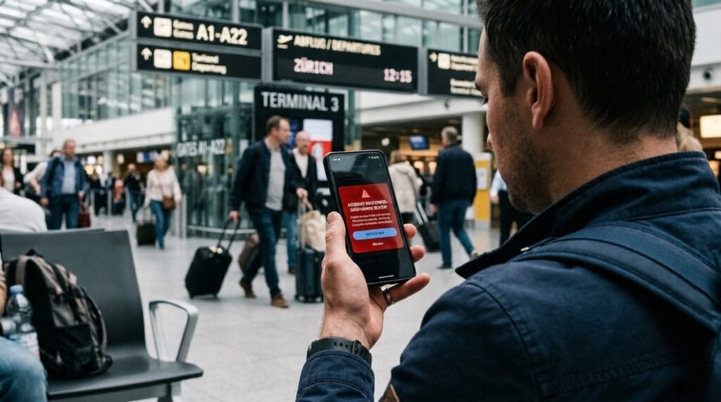 A smartphone screen showing a red account suspended notification, illustrating the sudden banking risks digital nomads face abroad.