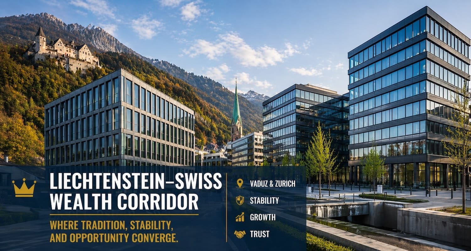 Ultra-realistic view of modern office architecture in Vaduz and Zurich representing Liechtenstein foundation structures and Swiss bank account financial hub