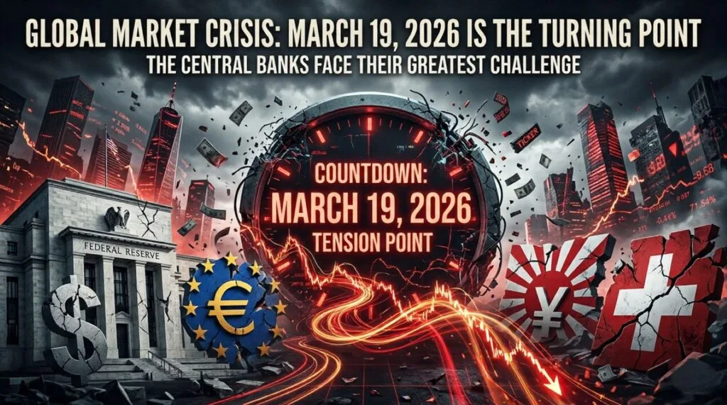Cinematic market crisis image for March 19, 2026 showing Fed, ECB, BoJ and SNB tension with global charts and a warning calendar