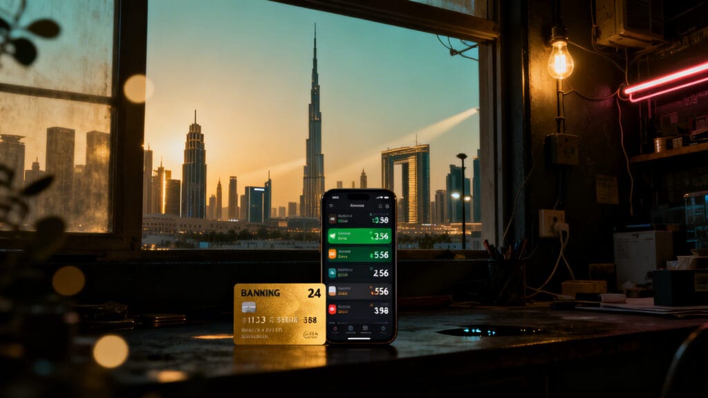 How to open bank account Dubai non-resident — Dubai skyline with mobile banking dashboard 2026