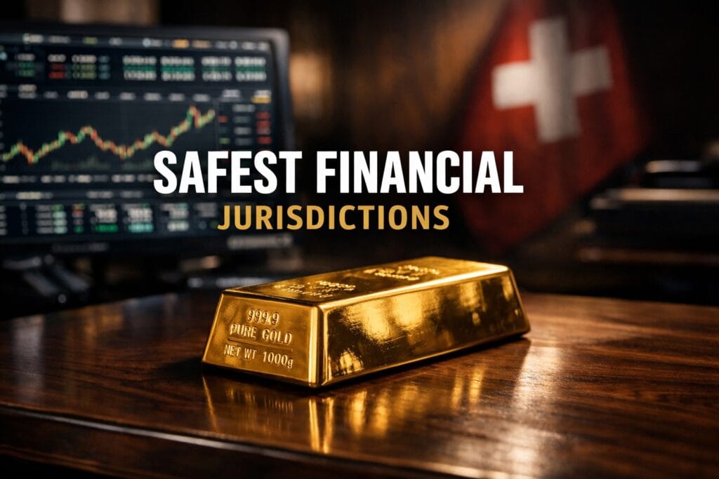 A gleaming gold bar on an executive desk representing the safest financial jurisdictions for global wealth protection.