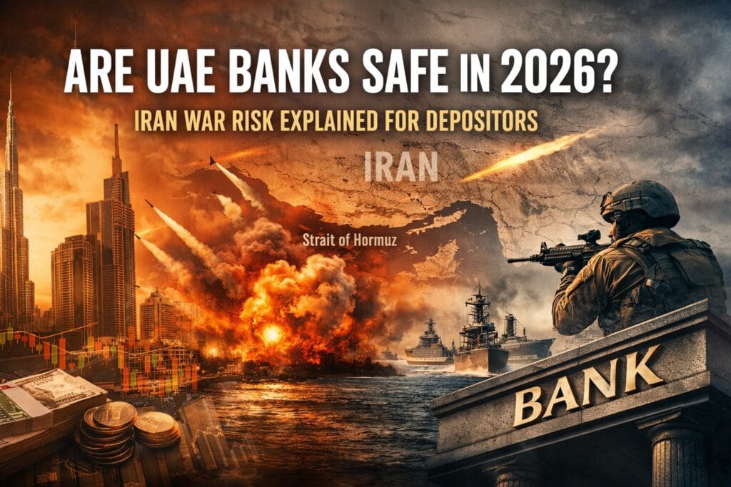 A conceptual illustration titled "Are UAE Banks Safe in 2026?" exploring the economic impact of an Iran war on Gulf financial stability, trade routes, and the resilience of the UAE banking sector.