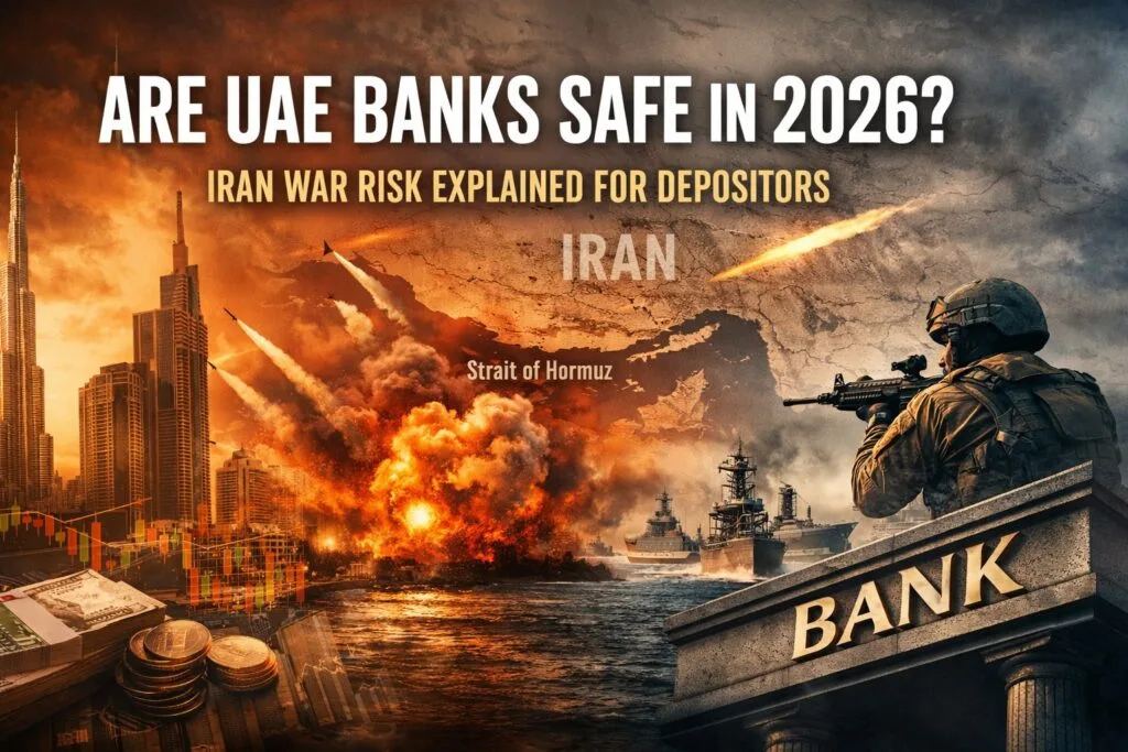 A conceptual illustration titled "Are UAE Banks Safe in 2026?" exploring the economic impact of an Iran war on Gulf financial stability, trade routes, and the resilience of the UAE banking sector.