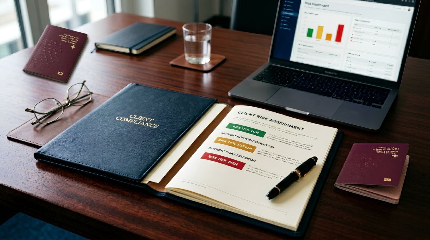 AML risk score banking explained — private banking compliance dossier showing low medium and high customer risk rating tiers