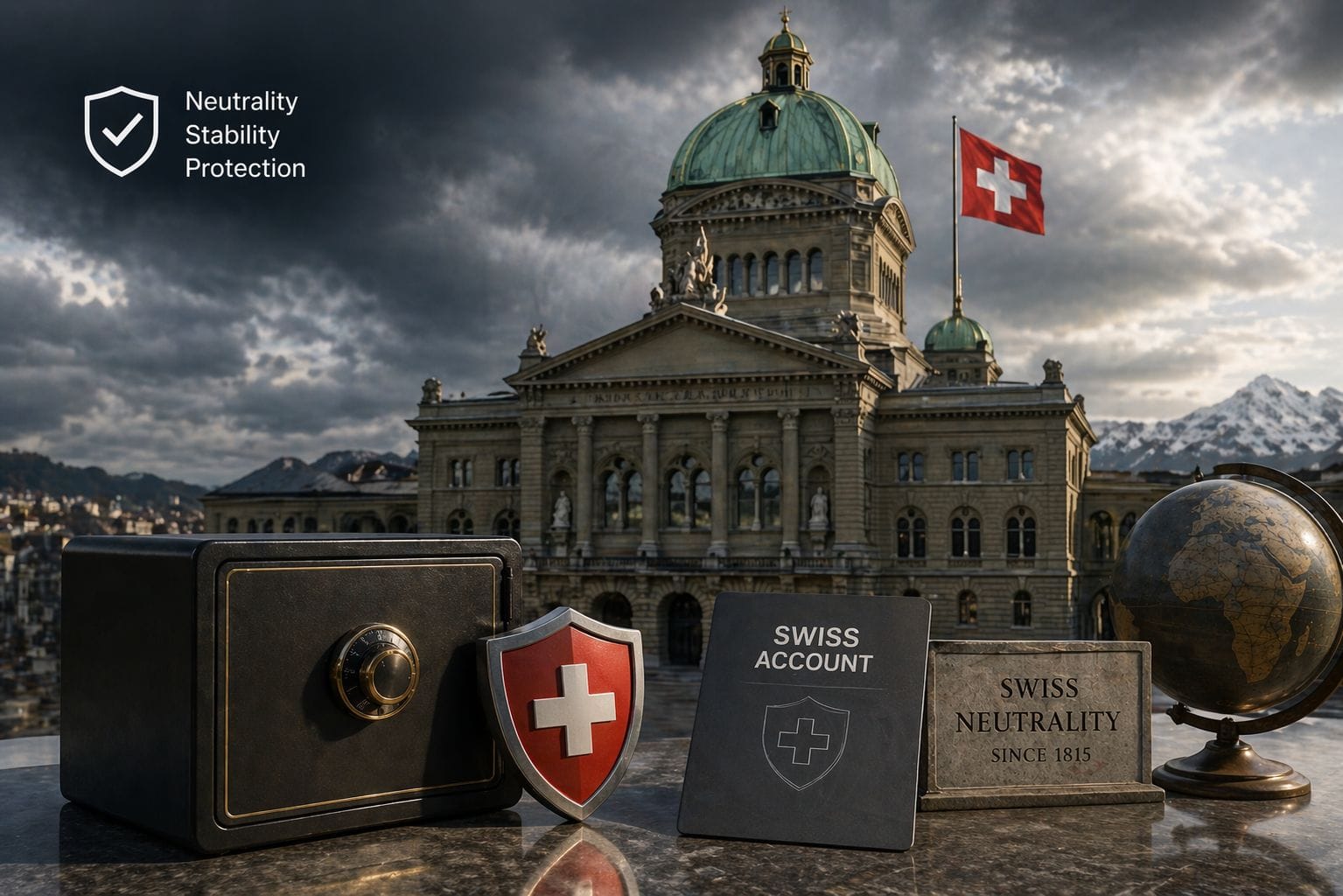 Swiss Federal Palace in Bern with secure vault and shield symbolizing Swiss bank account safety during war, neutrality, sanctions risk and asset protection