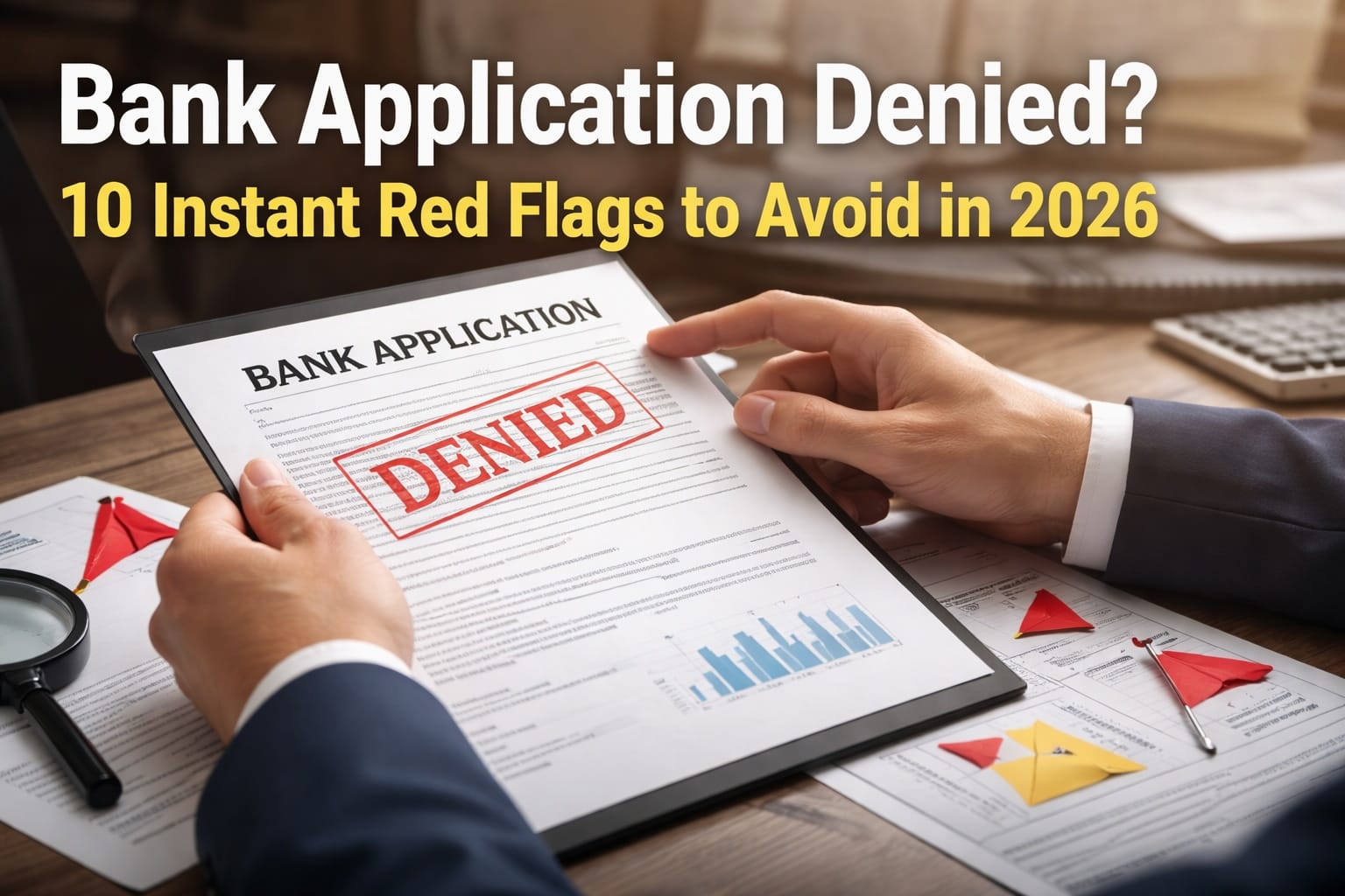 Bank application denied form with red stamp reviewed by banker highlighting KYC and AML red flags in financial documents