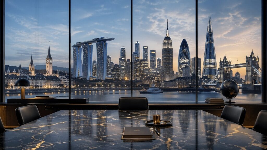 A premium conceptual illustration representing the best private banks for HNWIs, highlighting global wealth management hubs across Switzerland, Singapore, the USA, and the UK.