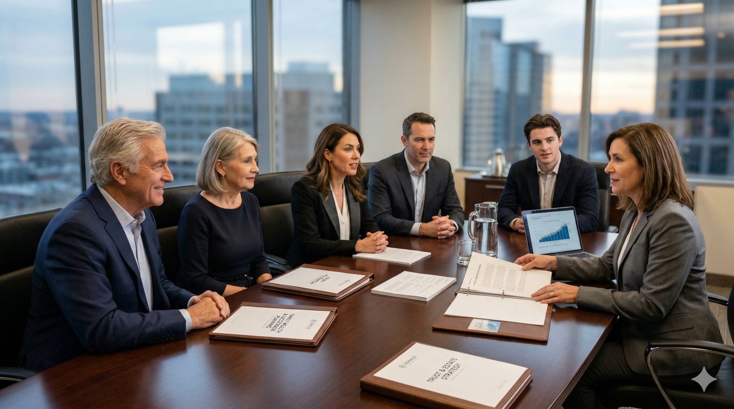 Family office banking solutions Singapore vs Switzerland concept showing a multi-generational family planning wealth transfer and legacy governance.