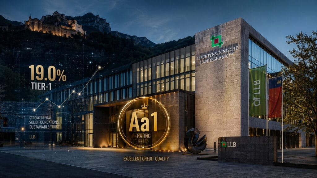 Architectural view of LLB headquarters in Vaduz featuring a 19.0% Tier-1 capital ratio and Aa1 rating hologram.