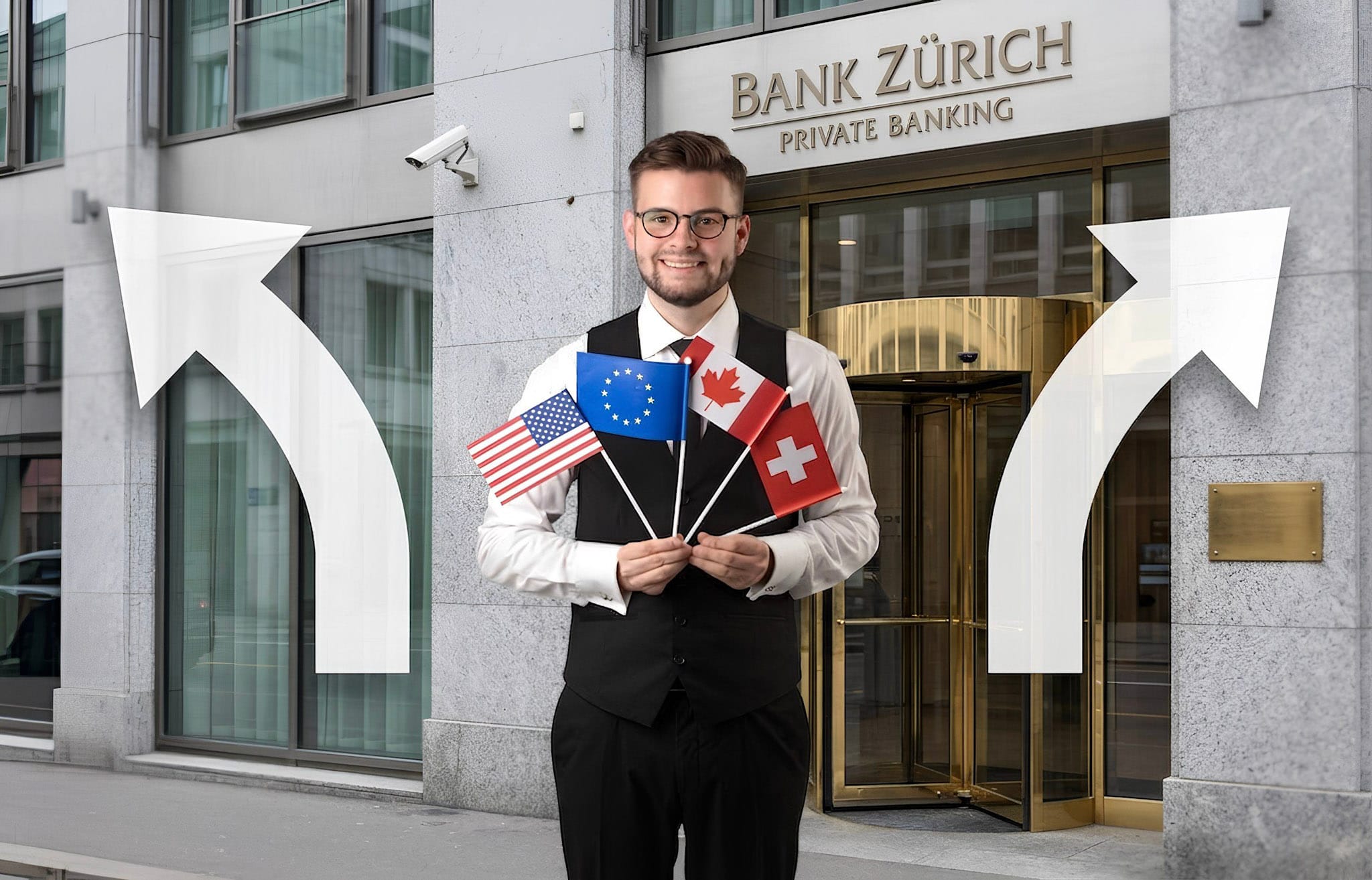 A wealth manager outside Bank Zürich Private Banking holding US, EU, Canadian, and Swiss flags between directional arrows, illustrating the complex pathways for which nationalities can open a Swiss bank account in 2026