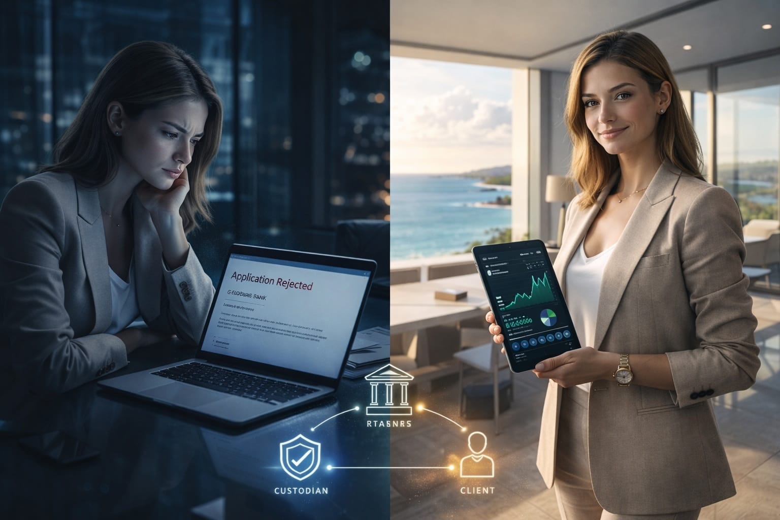 Split-scene image showing entrepreneur rejected by a traditional bank on one side and successfully managing wealth through a Puerto Rico private banking solution with secure asset custody on the other