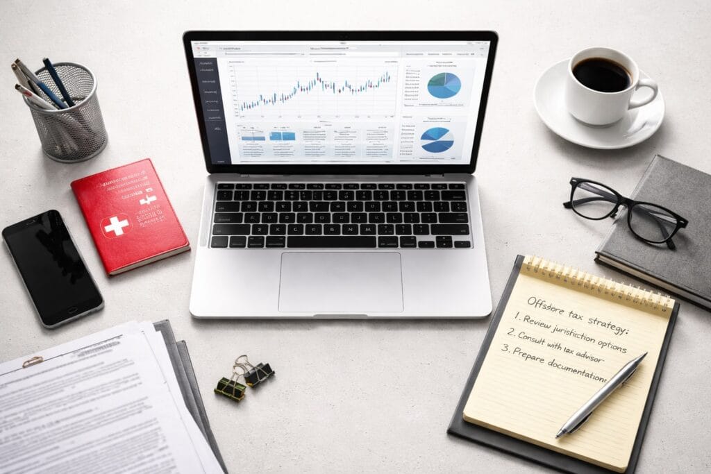 Financial advisor desk setup for CRS tax residency compliance planning showing laptop, documents and residency permit