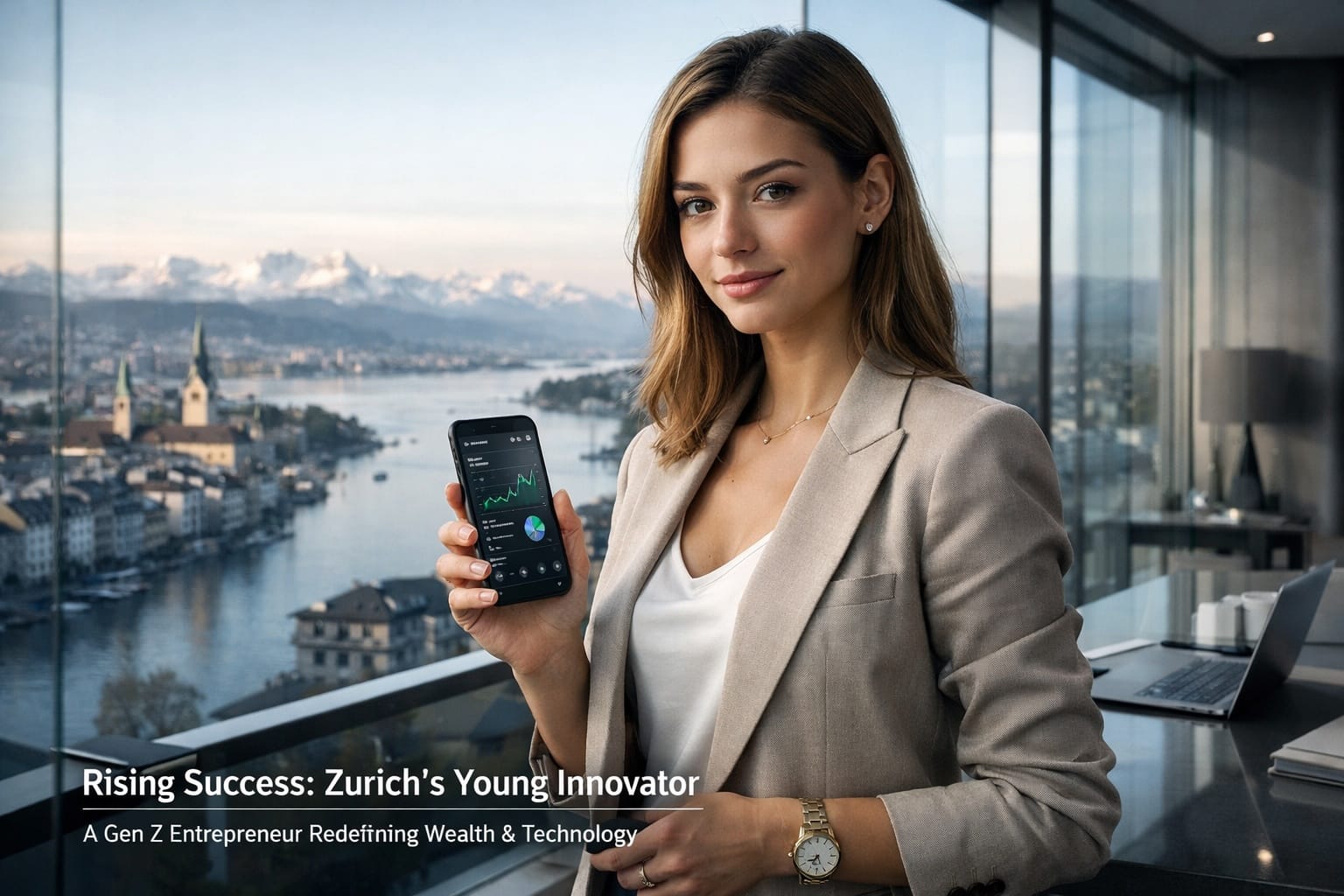 Young female entrepreneur in a modern glass office overlooking Zurich and the Swiss Alps, holding a smartphone with a financial dashboard, symbolizing innovation and wealth management