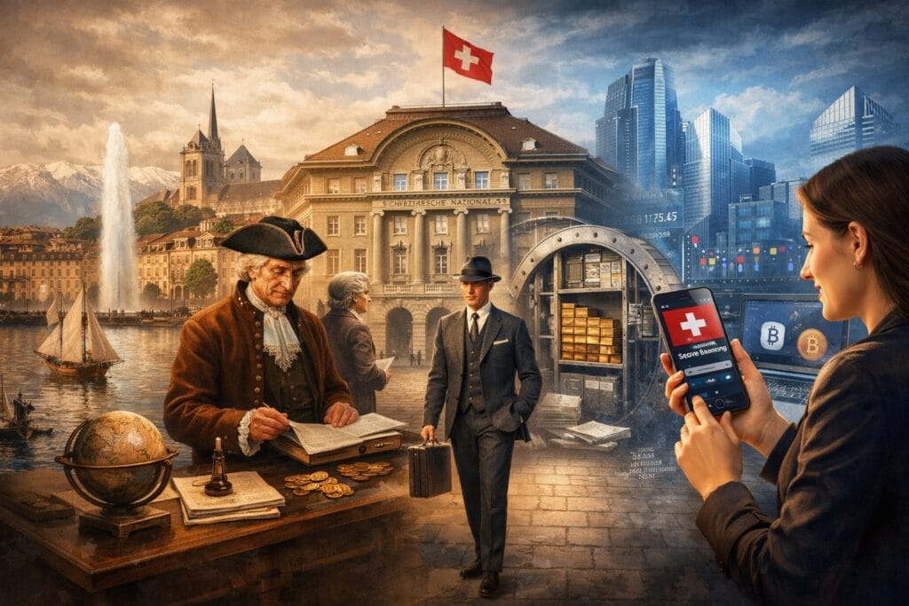 Ultra-realistic illustration of the history of Swiss banking, showing early Geneva bankers, the Swiss National Bank era, Swiss banking secrecy, and modern digital banking platforms with fintech interface
