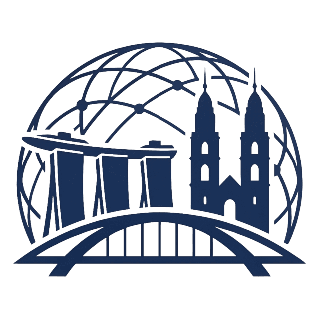 Logo for Easy Global Banking, a company that facilitates foreign bank account opening in Singapore and Switzerland, featuring stylized global and local architectural elements connected by a bridge