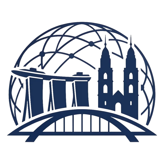 Logo for Easy Global Banking, a company that facilitates foreign bank account opening in Singapore and Switzerland, featuring stylized global and local architectural elements connected by a bridge