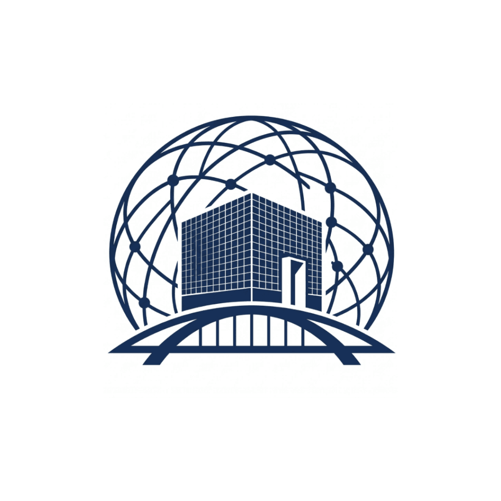 Easy Global Banking logo for offshore banking consultant services, showing a secure building within a worldwide geodesic network dome, positioned above a stylized bridge.