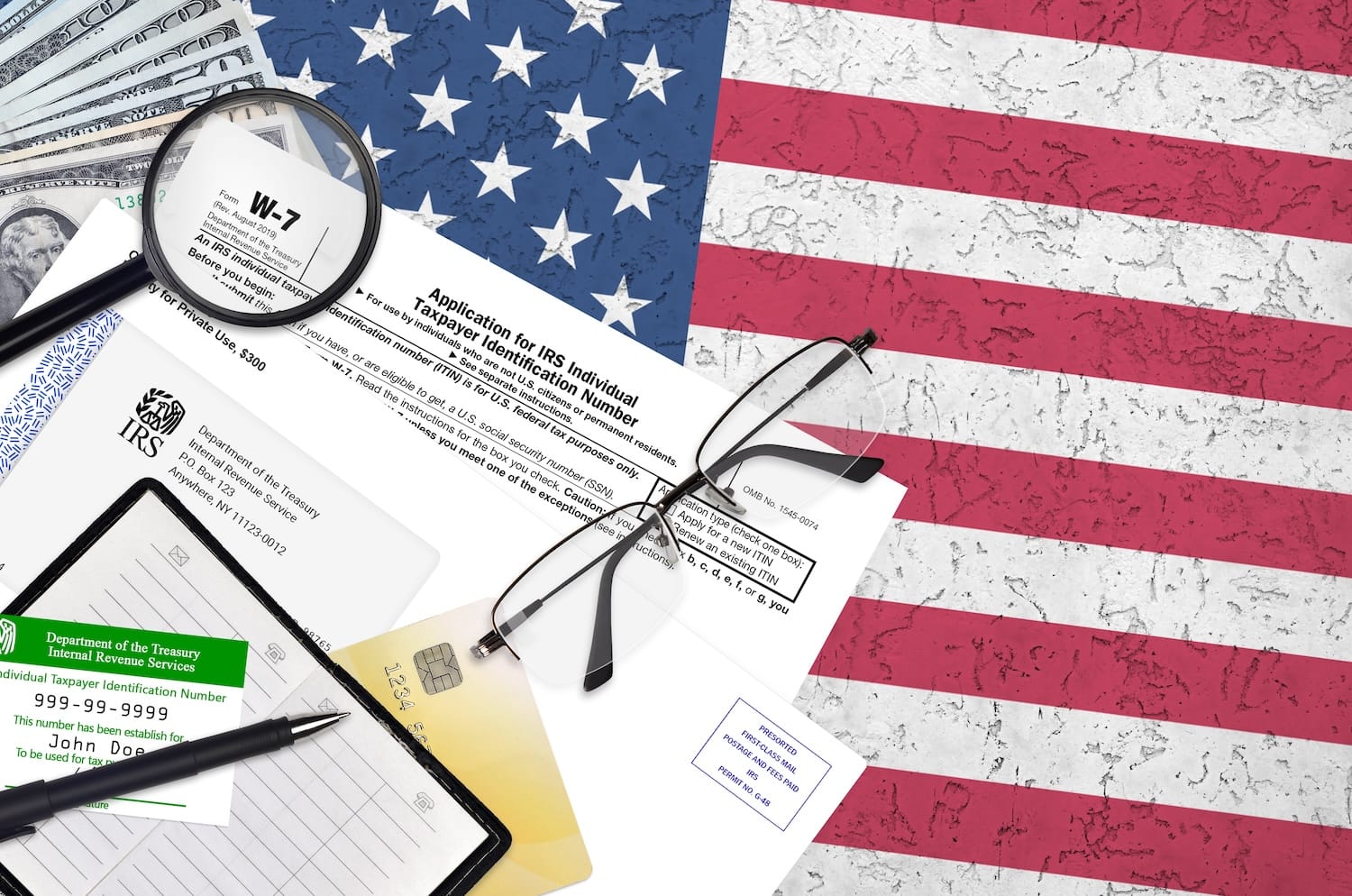 IRS Form W-7 Individual Taxpayer Identification Number application with ITIN card showing 999-99-9999, US dollar bills, and American flag — offshore wealth management compliance documentation for US persons