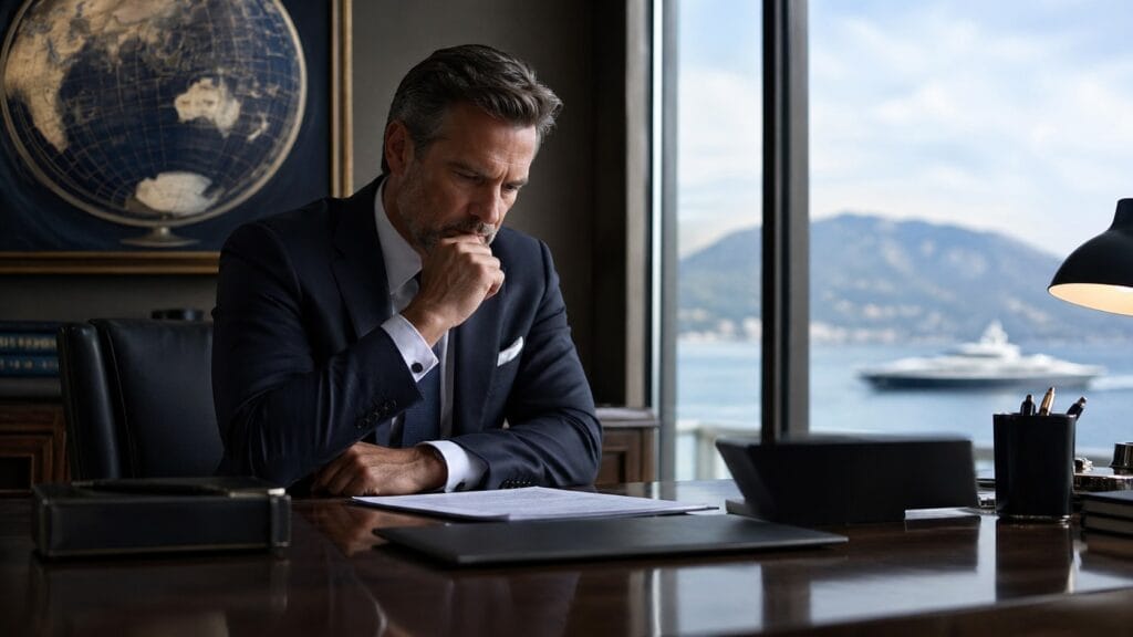 Business executive reviewing financial documents in luxury office with ocean view, symbolizing offshore asset protection during divorce