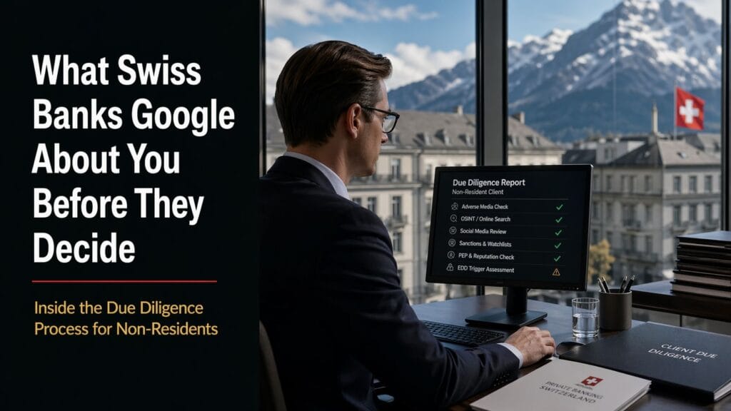Swiss private banker conducting due diligence check on non-resident client using OSINT, adverse media screening and digital footprint analysis in a luxury office