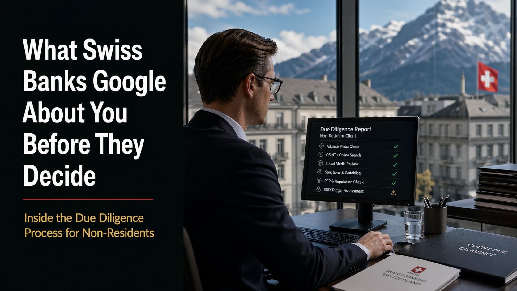 Swiss private banker conducting due diligence check on non-resident client using OSINT, adverse media screening and digital footprint analysis in a luxury office