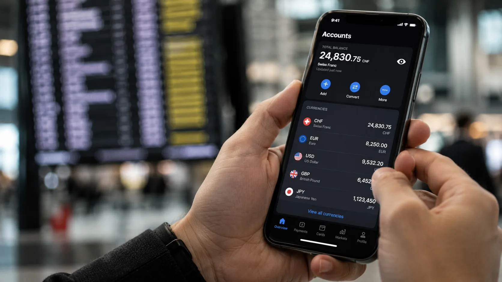 International banking customer using a Swiss mobile banking app on smartphone