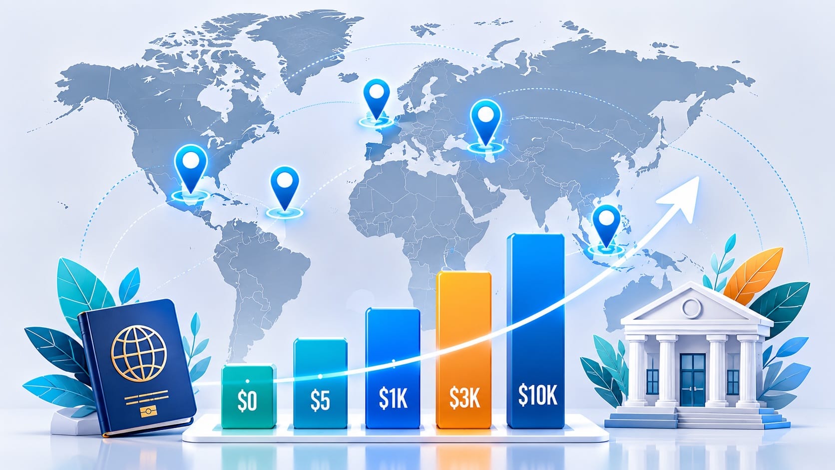 World map with pin markers on Belize, Georgia, Jersey, Singapore, and St. Kitts alongside a bar chart comparing offshore bank account minimum deposits from $0 to $10,000 for individuals in 2026