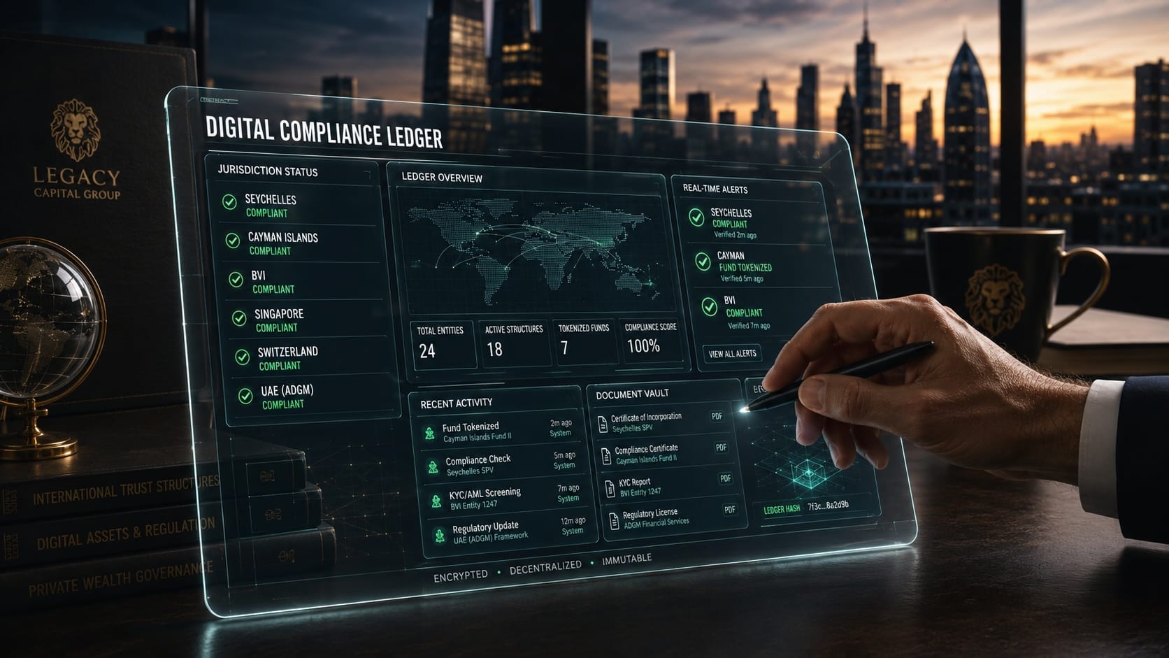 The 2026 Great Reset in Offshore Banking A close-up view of a professional's hand interacting with a futuristic, transparent financial tablet displaying green 'Seychelles Compliant' and 'Cayman Tokenized Fund' statuses, symbolizing the 2026 shift from physical jurisdictions to digital protocols.