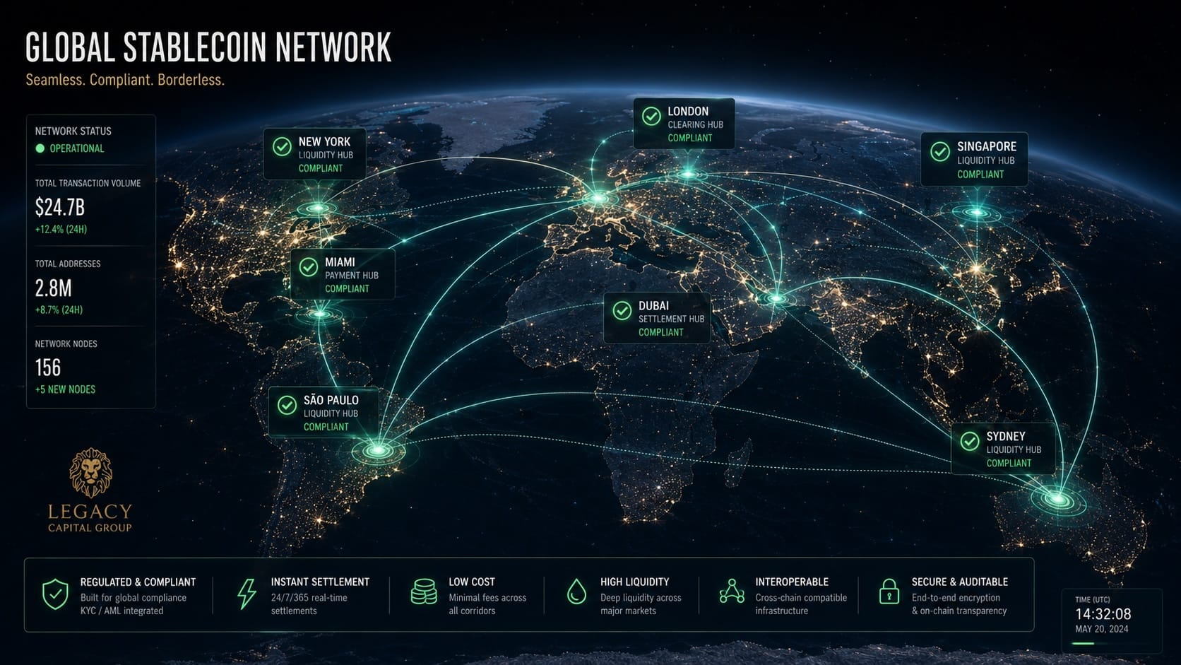 Mainstream Stablecoin Adoption in 2026 Abstract visualization of US dollar stablecoins flowing through an illuminated global digital network.