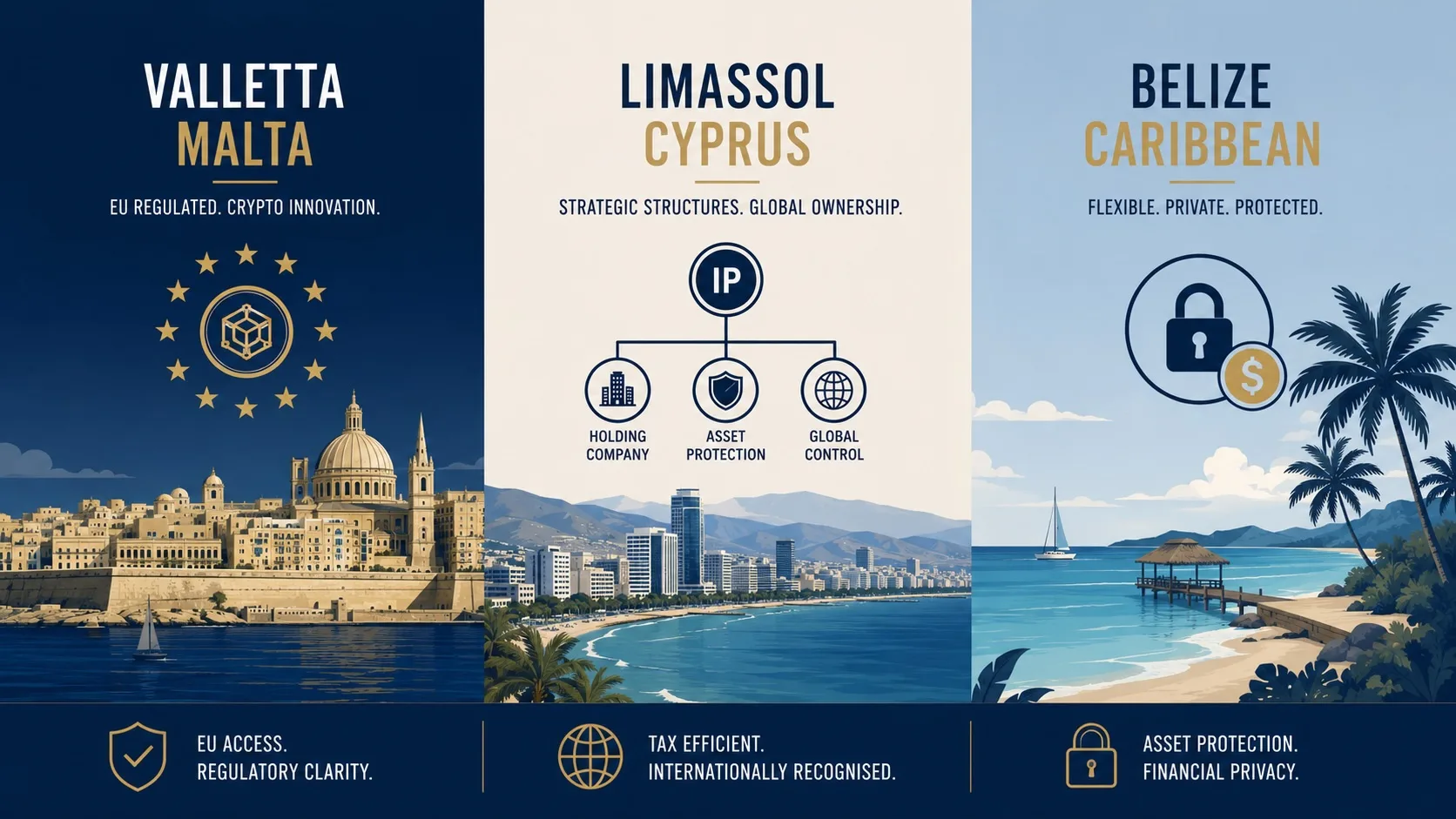 Malta vs Cyprus vs Belize international banking comparison 2026 — EU access, offshore privacy and MiCA crypto banking compared for non-resident account opening