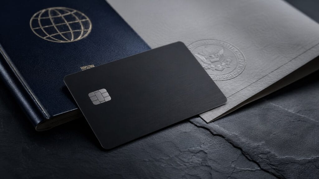 A matte black business debit card resting on a passport and legal documents, representing secure US banking infrastructure for non-resident LLCs.