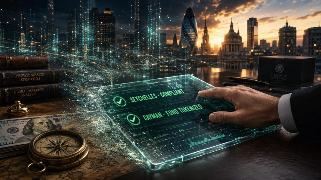 A close-up view of a professional's hand interacting with a futuristic, transparent financial tablet displaying green "Seychelles Compliant" and "Cayman Tokenized Fund" statuses, symbolizing the 2026 shift from physical jurisdictions to digital protocols. A US dollar bill next to the device is partially transforming into a stablecoin hologram.