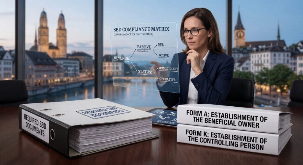 A composite image showing a corporate professional analyzing a transparent SBD compliance matrix screen. In the foreground, a sealed binder holds the mandatory official documents for a Swiss bank account application: "FORM A: ESTABLISHMENT OF THE BENEFICIAL OWNER" and "FORM K: ESTABLISHMENT OF THE CONTROLLING PERSON," with a view of Zurich in the background.