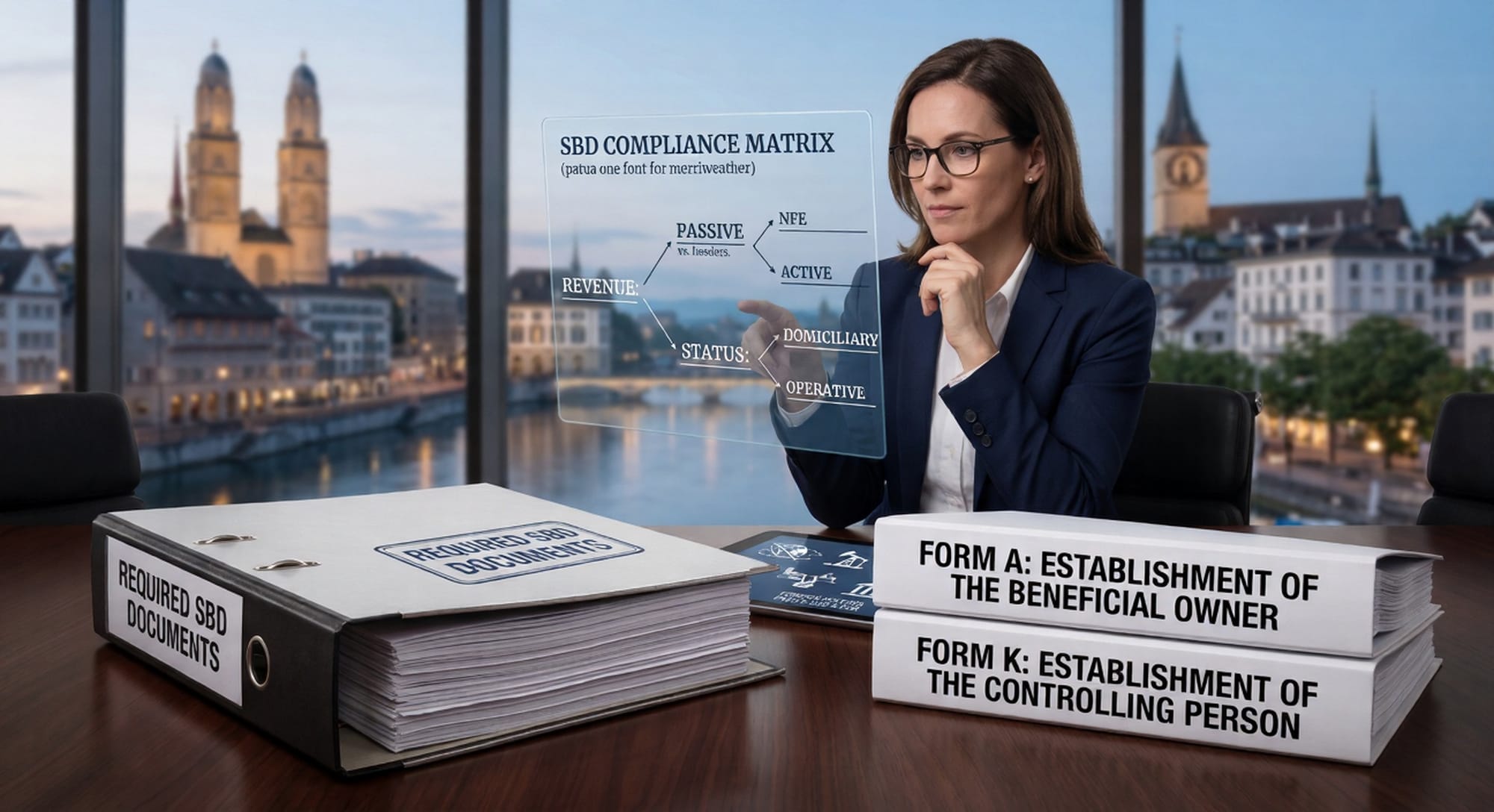 A composite image showing a corporate professional analyzing a transparent SBD compliance matrix screen. In the foreground, a sealed binder holds the mandatory official documents for a Swiss bank account application: "FORM A: ESTABLISHMENT OF THE BENEFICIAL OWNER" and "FORM K: ESTABLISHMENT OF THE CONTROLLING PERSON," with a view of Zurich in the background.