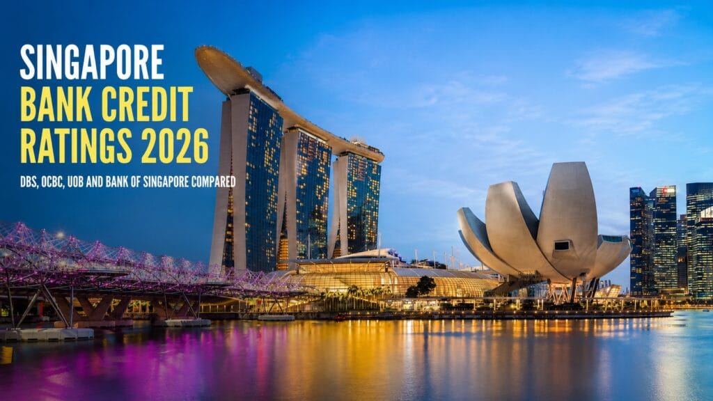 Singapore skyline at Marina Bay with overlay text showing Singapore Bank Credit Ratings 2026 comparing DBS, OCBC, UOB and Bank of Singapore