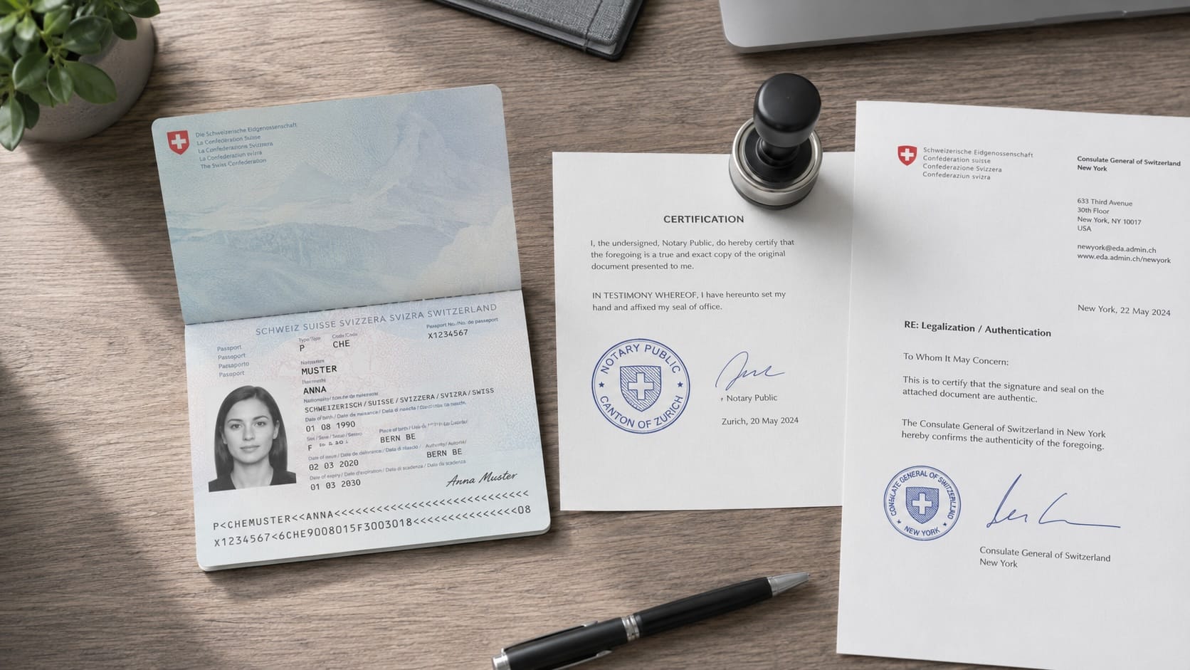 Swiss Bank Account Identity Documents — Certified Passport Copy Requirements for Non-Residents Documents needed to open a Swiss bank account — certified passport copy and notarised identity documents laid out on a desk for non-resident compliance review