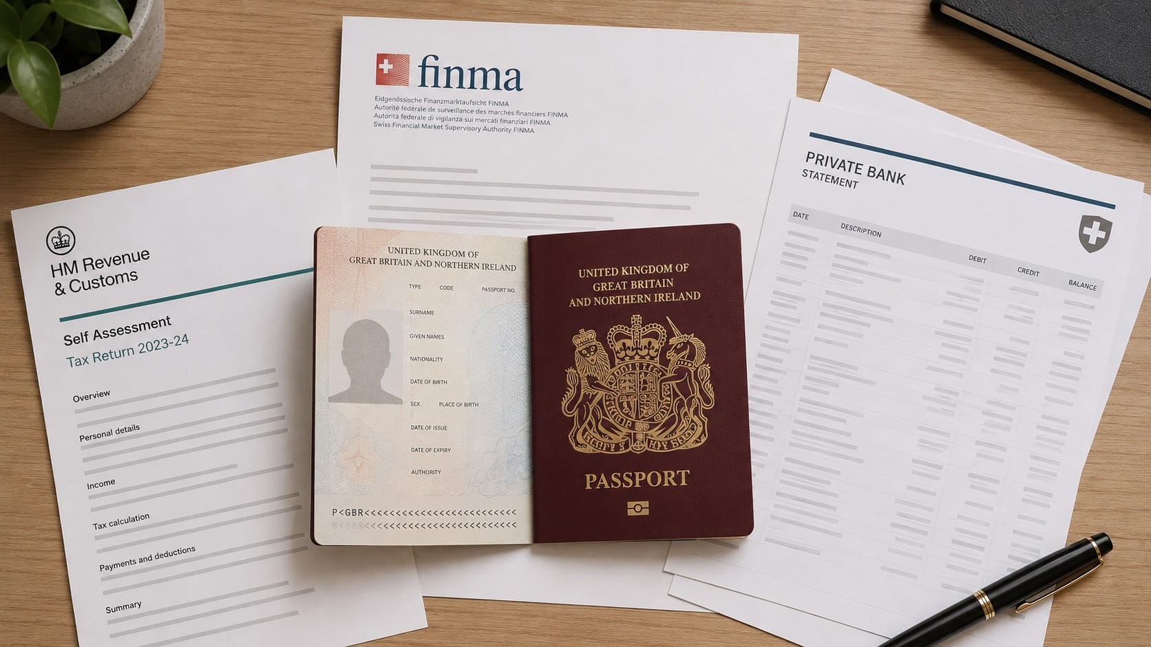 Swiss bank account for UK clients — documentation requirements and onboarding timeline showing UK passport certified copy, bank statements and source of wealth files for Swiss private bank application
