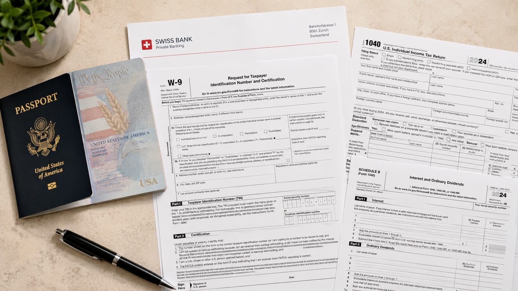 Swiss Bank Account for American Citizens — Documentation Requirements W-9 FATCA 2026 Swiss bank account US clients documentation 2026 — US passport, IRS Form W-9, FATCA self-certification and two years tax returns laid out for Swiss private bank application